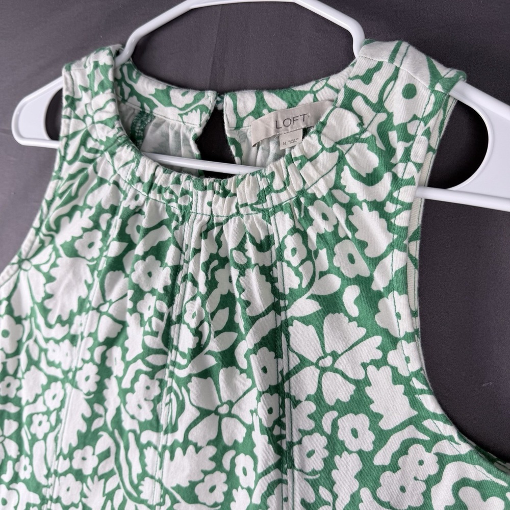 LOFT Shift Dress Green White Floral Sleeveless Lined Cotton Knee Length M